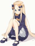  1girl abigail_williams_(fate/grand_order) bangs black_bow black_dress black_footwear blonde_hair bloomers blue_eyes blush bow butterfly closed_mouth commentary_request dress eyebrows_visible_through_hair fate/grand_order fate_(series) forehead full_body hair_bow highres kohakope leg_hug long_hair long_sleeves looking_at_viewer mary_janes no_hat no_headwear orange_bow parted_bangs shoes sitting sleeves_past_fingers sleeves_past_wrists solo underwear very_long_hair white_background white_bloomers 