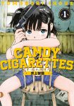  1girl artist_name bandaid bandaid_on_knee black_hair blue_eyes candy_&amp;_cigarettes chair child copyright_name cover cover_page covering_mouth gun hair_ornament hairclip handgun indoors inoue_tomonori looking_at_viewer m1911 official_art pistol side_ponytail sitting solo spread_legs suppressor suzukaze_miharu weapon window 