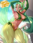  1girl :o agawa_ryou armpits arms_up breasts brown_eyes clover commentary dark_skin earrings green_hair hoop_earrings jewelry large_breasts long_hair navel_piercing original parted_lips piercing sideboob signature solo thick_thighs thighs 