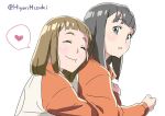  2girls ^_^ bangs black_hair blunt_bangs blush brown_eyes brown_hair closed_eyes commentary from_side heart hiyori_mizuki hug hug_from_behind jacket looking_back multiple_girls open_mouth shiny shiny_skin shiraishi_yuzuki simple_background sketch smile sora_yori_mo_tooi_basho spoken_heart tamaki_mari twitter_username white_background 