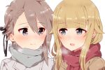  2girls :d ange_(princess_principal) bangs black_ribbon blonde_hair blue_eyes blush braid breath brown_coat closed_mouth coat earphones earphones enpera eye_contact eyebrows_visible_through_hair grey_coat grey_scarf hair_between_eyes hair_flaps hair_ribbon highres light_brown_hair long_hair looking_at_another merry_(168cm) multiple_girls open_mouth princess_(princess_principal) princess_principal red_scarf ribbon scarf shared_earphones simple_background smile white_background 