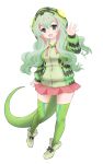  1girl :d animal_hood arm_at_side bangs black_bow boomslang_(kemono_friends) bow breasts eyebrows eyebrows_visible_through_hair eyelashes full_body green_footwear green_hair green_hoodie green_legwear grey_eyes hair_between_eyes hand_up hood hood_up hoodie ise_(0425) kemono_friends legs_apart long_hair long_sleeves looking_at_viewer medium_breasts multicolored_hair open_mouth pigeon-toed pink_hair pink_skirt pleated_skirt shoes simple_background skirt smile snake_tail solo tail thigh-highs two-tone_hair very_long_hair white_background zettai_ryouiki 