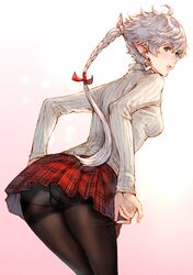  1girl ahoge alisaie_leveilleur ass black_legwear blue_eyes blush braid breasts earrings elf eyebrows_visible_through_hair final_fantasy final_fantasy_xiv gusset highres jewelry long_hair long_sleeves looking_at_viewer makimura_shunsuke panties panties_under_pantyhose pantyhose pantyshot pantyshot_(standing) parted_lips plaid plaid_skirt pointy_ears red_skirt ribbed_sweater single_braid skirt small_breasts standing sweater thighband_pantyhose turtleneck turtleneck_sweater underwear white_hair white_sweater 