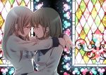  2girls arms_around_neck bangs blue_ribbon breasts brown_eyes brown_hair eye_contact fingernails hair_between_eyes long_hair long_sleeves looking_at_another medium_breasts multiple_girls original parted_lips profile ribbon school_uniform sheepd shirt signature stained_glass twitter_username white_shirt yuri 