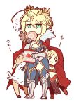 age_regression artoria_pendragon_(all) artoria_pendragon_(lancer) behind_back blonde_hair breasts cape cleavage eating fate/apocrypha fate/grand_order fate_(series) green_eyes mordred_(fate) mordred_(fate)_(all) mordred_(swimsuit_rider)_(fate) mother_and_daughter pointy_ears red_cape younger 