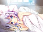  1girl bangs bed_sheet blue_eyes blue_hair blush breasts closed_mouth commentary_request day eyebrows_visible_through_hair gochuumon_wa_usagi_desu_ka? hair_between_eyes hair_ornament indoors kafuu_chino long_hair lying naked_sheet on_side pillow plant potted_plant rikatan small_breasts smile solo sunlight under_covers window x_hair_ornament 