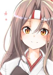  10eki_(tenchou) 1girl brown_eyes brown_hair close-up hachimaki headband high_ponytail highres japanese_clothes kantai_collection long_hair muneate simple_background smile solo upper_body white_background zuihou_(kantai_collection) 