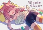  1girl ahoge animal_ears bike_shorts blue_eyes brat cat_ears character_name hair_bobbles hair_ornament hinata_channel long_hair lying mismatched_legwear navel nekomiya_hinata on_back one_eye_closed open_mouth orange_legwear pink_hair rubbing_eyes shorts sleepy smile solo striped striped_legwear thigh-highs twintails vest virtual_youtuber white_vest 