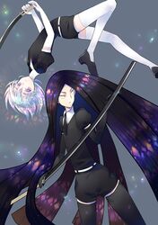  absurdres androgynous black_eyes black_hair bort diamond_(houseki_no_kuni) elbow_gloves gem_uniform_(houseki_no_kuni) gloves highres hoge_kinoko houseki_no_kuni long_hair looking_at_viewer multicolored multicolored_eyes multicolored_hair necktie rainbow_eyes rainbow_hair short_hair smile sword thigh-highs very_long_hair weapon 