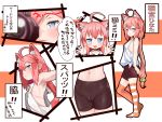  1girl ahoge animal_ears armpits bike_shorts blue_eyes blush cat_ears denden_taiko from_side full_body hair_bobbles hair_ornament hinata_channel long_hair mismatched_legwear navel nekomiya_hinata no_tail orange_legwear pink_hair shorts smile solo striped striped_legwear thigh-highs translation_request twintails vest virtual_youtuber waving white_vest 