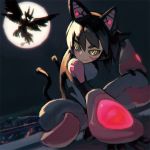  1girl animal_ears bangs black_hair black_sclera bodysuit breasts cat_ears cat_tail character_request cityscape closed_mouth copyright_request facial_mark facing_away full_moon hair_between_eyes hand_on_own_knee indian_style medium_breasts moon moonlight multiple_tails night night_sky outdoors reiesu_(reis) ringed_eyes short_hair sitting sky smile solo star_(sky) tail two_tails yellow_eyes 