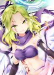  1girl ahoge angel_wings azriel_(no_game_no_life) breasts cleavage cross feathered_wings gloves green_eyes green_hair halo highres ikasoke_(likerm6au) low_wings magic_circle medium_breasts midriff navel no_game_no_life short_hair smile solo symbol-shaped_pupils tattoo white_wings wing_ears wings 