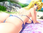  1girl :d ass back bangs bare_arms bare_back bare_legs bare_shoulders beach beach_towel berochu! bikini blonde_hair blue_eyes blue_sky breasts bush clouds cloudy_sky cowboy_shot day earrings eyebrows_visible_through_hair from_behind game_cg grass hair_between_eyes hand_on_own_cheek hand_on_own_face head_rest hikami_yuria hoop_earrings jewelry large_breasts long_hair looking_at_viewer looking_back lying nakano_sora ocean on_back on_stomach open_mouth outdoors pink_lips rock sand shoulder_blades side-tie_bikini sideboob sky smile solo string_bikini swimsuit thighs thong towel tree under_boob water 