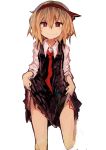  1girl absurdres black_dress blonde_hair collared_shirt commentary_request dress fang hair_ribbon headband highres kaamin_(mariarose753) red_eyes red_neckwear ribbon rumia shirt short_hair simple_background skirt_hold smile standing standing_on_one_leg touhou white_background white_shirt 