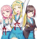 3girls arm_up asahina_mikuru asahina_mikuru_(cosplay) bang_dream! blonde_hair blue_ribbon blue_sailor_collar blue_skirt brown_cardigan brown_hair cardigan collarbone cosplay crossed_arms fingernails hair_ribbon long_hair long_sleeves maruyama_aya mitake_ran multicolored_hair multiple_girls nagato_yuki nagato_yuki_(cosplay) open_cardigan open_clothes outstretched_arm pink_eyes pink_hair pleated_skirt red_neckwear redhead ribbon sailor_collar school_uniform serafuku shirt simple_background skirt streaked_hair suzumiya_haruhi suzumiya_haruhi_(cosplay) suzumiya_haruhi_no_yuuutsu thumbs_up tiny_(tini3030) tsurumaki_kokoro very_long_hair violet_eyes white_background white_shirt yellow_eyes