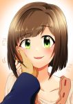  1girl artist_request blush brown_hair eyebrows_visible_through_hair fang green_eyes groping hand_on_another&#039;s_face highres idolmaster idolmaster_cinderella_girls maekawa_miku short_hair smile 