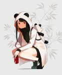  1girl backpack bag black_hair boots can coke highres hood hoodie long_hair looking_at_viewer original red_eyes shiba_inu_(happy13227) shorts smile solo squatting 