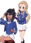  2girls adjusting_another&#039;s_hair andou_(girls_und_panzer) bc_freedom_military_uniform black_footwear black_hair blonde_hair blue_jacket blue_vest boots brown_eyes brush closed_mouth commentary dark_skin dress_shirt drill_hair fang forehead girls_und_panzer green_eyes hair_brushing high_collar holding_brush jacket knee_boots long_hair long_sleeves looking_at_another looking_back marie_(girls_und_panzer) military military_uniform miniskirt multiple_girls open_mouth pleated_skirt shirt shutou_mq simple_background sitting skirt smile standing sweatdrop uniform vest white_background white_shirt white_skirt 