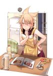  1girl absurdres apron bare_arms blonde_hair blush book bookmark bottle chair cork hair_between_eyes hand_on_hip hand_on_own_chin highres indoors jar looking_down pointy_ears purple_skirt refrigerator sarashi shan shirt simple_background skirt sleeveless sleeveless_shirt solo spatula squiggle table touhou toyosatomimi_no_miko white_background white_day wooden_floor yellow_eyes 