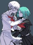 2others alternate_costume antarcticite blue_eyes finger_to_mouth green_eyes green_hair grey_eyes hair_between_eyes houseki_no_kuni looking_at_another multiple_others phosphophyllite retto sailor_collar school_uniform short_hair skirt white_hair