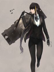  1girl absurdres alternate_costume bangs black_gloves black_hair black_pants black_ribbon braid brown_eyes brown_hair buttons cigarette collared_shirt dated dress_shirt dress_shoes eyepatch girls_frontline gloves grifon&amp;kryuger highres holding holding_cigarette holding_strap jacket long_hair long_sleeves looking_to_the_side m16a1_(girls_frontline) mid-stride mole mole_under_eye multicolored_hair neck_ribbon pants ribbon shirt shoes sidelocks signature simple_background smoke_trail solo streaked_hair walking weapon_case white_shirt 