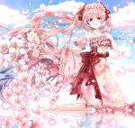  1girl :d cherry_blossoms clouds dress from_side hatsune_miku head_wreath highres iroha_(shiki) kneeling long_hair open_mouth outdoors petals pink_eyes pink_hair sakura_miku sky smile solo twintails very_long_hair vocaloid 