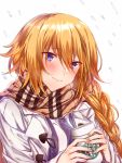  1girl alternate_costume blonde_hair blue_eyes blush braid breasts closed_mouth commentary_request eyebrows_visible_through_hair fate_(series) highres holding jeanne_d&#039;arc_(fate)_(all) long_hair looking_at_viewer medium_breasts plaid plaid_scarf scarf smile solo upper_body yukari_(bryleluansing) 