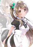  1girl :&gt; apron arms_behind_back bangs black_dress black_neckwear blush bow brown_hair commentary_request dress frilled_apron frills green_bow hair_bow hair_rings highres holding holding_tray long_hair looking_at_viewer love_live! maid maid_headdress minami_kotori necktie one_side_up panda_copt puffy_short_sleeves puffy_sleeves shiny shiny_hair short_sleeves sidelocks simple_background smile solo tray upper_body white_apron white_background yellow_eyes 