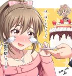  1girl bare_shoulders birthday blush bow brown_hair cake character_doll commentary_request dated embarrassed eyebrows_visible_through_hair food fruit full-face_blush hair_bow hands_up holding holding_plate hori_yuuko idolmaster idolmaster_cinderella_girls jewelry long_hair long_sleeves necklace off-shoulder_shirt off_shoulder open_mouth plate ponytail producer_(idolmaster) red_eyes shirt signature smile solo_focus spork star starry_background strawberry tearing_up tears translation_request upper_body yoohi 