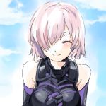  1girl ^_^ armor bangs bare_shoulders black_armor blue_sky blush closed_eyes closed_mouth clouds day eyebrows facing_viewer fate/grand_order fate_(series) hair_between_eyes hair_over_one_eye mash_kyrielight medium_hair medu_(rubish) outdoors pink_hair short_hair sketch sky smile solo upper_body 