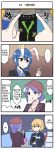  3girls 4koma alternate_costume animal_ears bags_under_eyes blonde_hair blue_hair brand_name_imitation comic contemporary doremy_sweet fuente green_eyes highres jewelry korean mizuhashi_parsee monster_energy multiple_girls necklace pin pointy_ears purple_hair rabbit_ears red_bull red_eyes seiran_(touhou) sheep touhou translation_request violet_eyes 