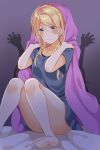  1girl ayase_eli barefoot bed_sheet blanket blonde_hair blue_eyes blush commentary_request groping_motion hair_between_eyes hair_down knees_up love_live! love_live!_school_idol_project mogu_(au1127) nightgown purple_background scared shadow short_sleeves sitting solo_focus under_covers wavy_mouth 
