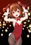  1girl alternate_costume animal_ears armpits arms_up backlighting bangs bare_shoulders blurry blurry_background blush bow bowtie brown_hair bunny_girl bunny_tail bunnysuit cowboy_shot detached_collar eyelashes fake_animal_ears fake_tail flat_chest gradient gradient_background hair_ornament hairclip head_tilt ikazuchi_(kantai_collection) kantai_collection leotard looking_at_viewer pantyhose rabbit_ears red_bow red_eyes red_leotard red_neckwear round_teeth shiny shiny_clothes shiny_hair short_hair solo standing tail tareme teeth thigh_gap twitter_username wrist_cuffs yaosera 