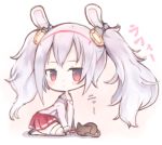  1girl :&lt; animal animal_ears azur_lane bangs blush cat chibi closed_mouth commentary_request full_body hair_ornament hairband jacket kotatu_(akaki01aoki00) laffey_(azur_lane) long_hair long_sleeves looking_at_viewer looking_to_the_side pink_jacket pleated_skirt rabbit_ears red_eyes red_hairband red_skirt sidelocks silver_hair skirt solo thigh-highs translated twintails very_long_hair white_legwear 