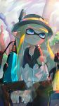  1girl bad_hands bangs between_legs black_hat black_shirt blonde_hair blue_eyes blue_sky blunt_bangs boater_hat bow brown_pants building closed_mouth clouds commentary day domino_mask gun happy hat hat_bow hat_ribbon highres hime_cut ink ink_tank_(splatoon) inkling jet_squelcher_(splatoon) kashu_(hizake) lens_flare light_rays long_hair long_sleeves looking_away looking_to_the_side looking_up mask monster_girl outdoors pants pointy_ears ribbon shirt sidelocks sitting sky skyscraper smile solo splatoon splatoon_2 sun sunlight tentacle_hair track_pants tree weapon white_shirt yellow_bow yellow_ribbon 