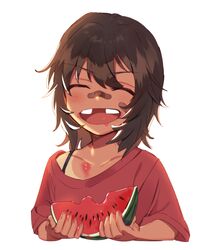  1girl andou_(girls_und_panzer) bandaid bandaid_on_face bandaid_on_nose bangs black_hair bra_strap closed_eyes commentary_request cropped_torso dark_skin eyebrows_visible_through_hair food food_on_face fruit girls_und_panzer holding holding_food missing_tooth off_shoulder open_mouth red_shirt shirt short_sleeves shutou_mq simple_background smile solo t-shirt tooth_gap v-shaped_eyebrows watermelon white_background younger 