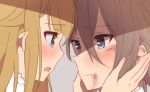  2girls ange_(princess_principal) bangs blonde_hair blue_eyes blush brown_hair bruise closed_mouth eye_contact eyebrows_visible_through_hair fingernails hair_between_eyes hair_flaps hands_on_another&#039;s_cheeks hands_on_another&#039;s_face injury long_hair looking_at_another merry_(168cm) multiple_girls open_mouth princess_(princess_principal) princess_principal tears 