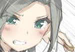 androgynous blush board_game clenched_teeth close-up copyright_request face forehead green_eyes grey_hair holding open_mouth peko shougi simple_background speed_lines tears teeth upper_body white_background 