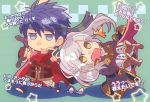  1boy 1girl armor blue_eyes blue_hair cape chibi doughnut female_my_unit_(fire_emblem:_kakusei) fire_emblem fire_emblem:_kakusei fire_emblem:_souen_no_kiseki fire_emblem_heroes food gloves headband highres ike kiriya_(552260) long_hair my_unit_(fire_emblem:_kakusei) ragnell robe short_hair simple_background sword twintails weapon white_hair 