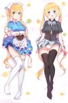  1girl apron black_legwear black_shirt blend_s blonde_hair blue_eyes blue_shirt blue_skirt blush breasts checkered checkered_skirt daki-makura dakimakura eyebrows_visible_through_hair food fruit full_body gloves hair_between_eyes head_scarf hinata_kaho large_breasts lemon lemon_slice long_hair lying neck_ribbon open_mouth panties ribbon shirt short_sleeves skirt smile stile_uniform thigh-highs twintails underwear very_long_hair waitress white_gloves white_legwear white_panties 