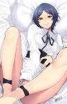  1girl ass blue_hair breasts hayami_kanade idolmaster idolmaster_cinderella_girls jjune looking_at_viewer lying on_back pillow short_hair smile solo yellow_eyes 