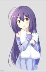  1girl :d ahoge bangs bare_shoulders basa_rutan blue_eyes blush eyebrows_visible_through_hair frilled_pillow frills grey_background hair_between_eyes idolmaster idolmaster_million_live! long_hair long_sleeves mochizuki_anna nightgown off_shoulder open_mouth pillow pillow_hug purple_hair simple_background sleeves_past_wrists smile solo very_long_hair 