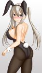  1girl absurdres abukobato animal_ears ass back black_legwear blue_eyes blush breasts bunny_girl bunny_tail bunnysuit cleavage closed_mouth detached_collar detached_sleeves embarrassed full-face_blush graf_zeppelin_(kantai_collection) highres kantai_collection large_breasts leotard long_hair looking_at_viewer looking_back pantyhose rabbit_ears silver_hair tail 