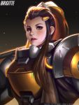  1girl armor brigitte_(overwatch) dark_background freckles liang_xing light_particles looking_at_viewer over_shoulder overwatch parted_lips ponytail realistic solo upper_body weapon weapon_over_shoulder 