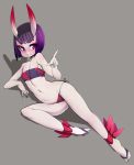  1girl absurdres bare_shoulders bikini blush breasts brown_background fang fate/grand_order fate_(series) highres legs navel purple_bikini purple_hair shadow short_hair shuten_douji_(fate/grand_order) side-tie_bikini simple_background slugbox small_breasts solo swimsuit thick_eyebrows thighs toes violet_eyes 