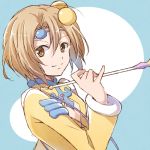  1girl blue_background brown_eyes brown_hair circlet closed_mouth hair_bobbles hair_ornament holding holding_wand looking_at_viewer mishiro_(andante) norma_beatty shirt short_hair simple_background smile solo tales_of_(series) tales_of_legendia upper_body wand yellow_shirt 