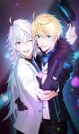 2boys ;d ahoge aqua_eyes arm_around_waist black_gloves black_hat black_jacket blonde_hair blue_eyes blue_neckwear blurry blurry_background breasts breath cowboy_shot emblem eyebrows_visible_through_hair fate/grand_order fate_(series) foreshortening fur-trimmed_jacket fur_trim gloves hand_holding hat hat_tip headwear_removed heart highres holding holding_hat jacket jewelry large_breasts long_sleeves looking_at_viewer male_focus merlin_(fate/stay_night) multiple_boys necktie one_eye_closed open_clothes open_jacket open_mouth outstretched_arm ring round_teeth saber_(fate/prototype) shijiu_(adamhutt) shirt silver_hair smile standing sweat teeth white_shirt yaoi 