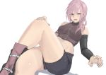  1girl arm_warmers boots final_fantasy final_fantasy_xiii highres kumamoto_nomii-kun legs_crossed lightning_farron looking_at_viewer open_mouth pink_hair short_shorts shorts simple_background sleeveless solo 