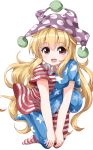  1girl :d american_flag_dress american_flag_legwear blonde_hair blush breasts clownpiece commentary_request eyebrows_visible_through_hair frilled_shirt_collar frills full_body hair_between_eyes hat highres horizontal-striped_legwear horizontal_stripes jester_cap leaning_forward long_hair looking_at_viewer medium_breasts neck_ruff no_shoes open_mouth pantyhose pink_eyes polka_dot polka_dot_hat print_legwear purple_hat ruu_(tksymkw) short_sleeves simple_background smile solo star star_print striped striped_legwear touhou v_arms very_long_hair white_background 