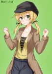  1girl alternate_costume anti_(untea9) bangs black_hat black_pants black_ribbon blush breasts brown_cat casual cleavage clenched_hands closed_mouth coat collarbone cowboy_shot cross-laced_clothes eyebrows_visible_through_hair green_background green_eyes hair_ribbon hands_up hat highres kantai_collection large_breasts long_hair long_sleeves looking_at_viewer low_twintails medium_breasts open_clothes open_coat pants prinz_eugen_(kantai_collection) ribbon simple_background smile solo standing twintails twitter_username unbuttoned upper_body 